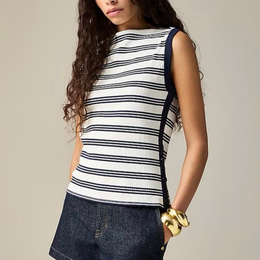 J.Crew Premium Rib Side Button Boatneck Stripe Top Size Small NWT